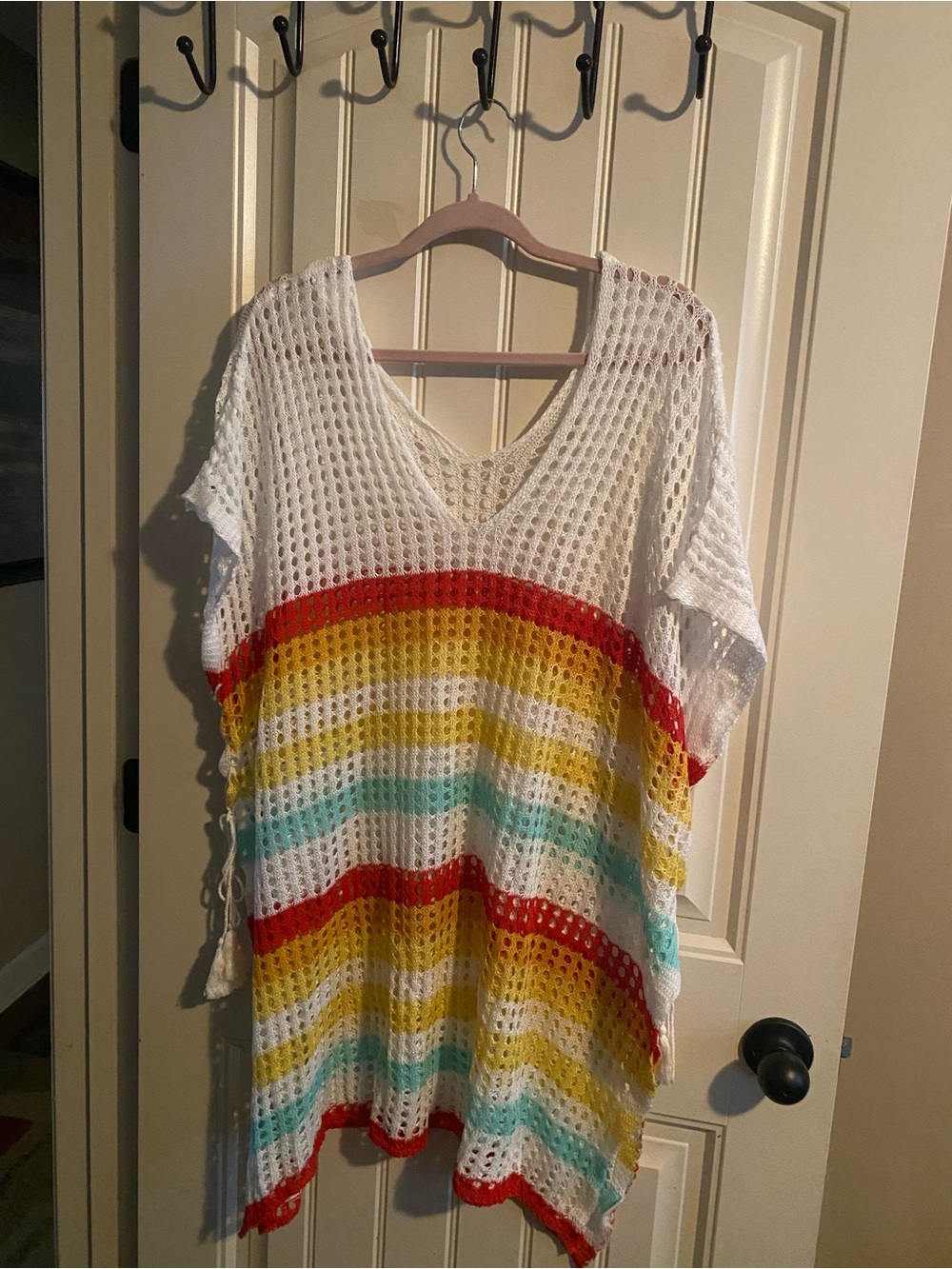 Women’s White Crochet Swim Cover Up With Red, Yellow and Aqua Stripes